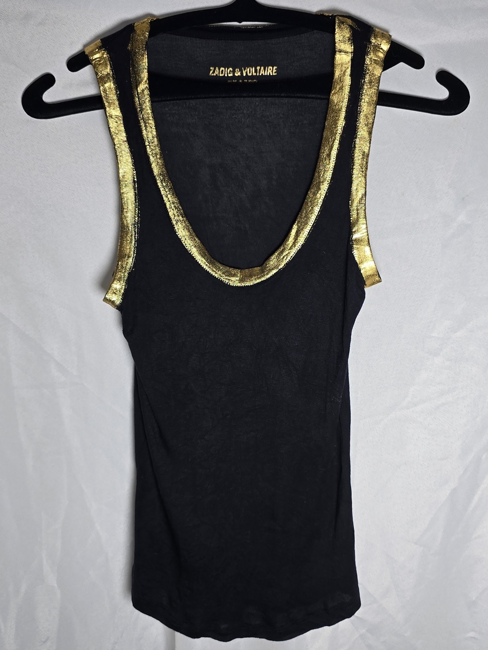 Zadig & Voltaire Black Lightweight Tank Top with Metallic Gold Trim, Sz S